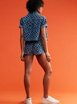 Femme Roxy Blue Wave Club Printed - Chemise En Jean A Manches Courtes Pour Femme